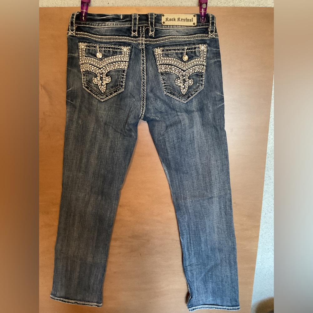 Rock Revival Women's Straight Leg Jeans - Blue Denim with Rhinestone Accent